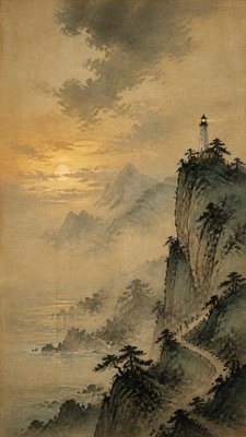 a lone lighthouse on a cliff at dusk under a dramatic sky, no text or lettering