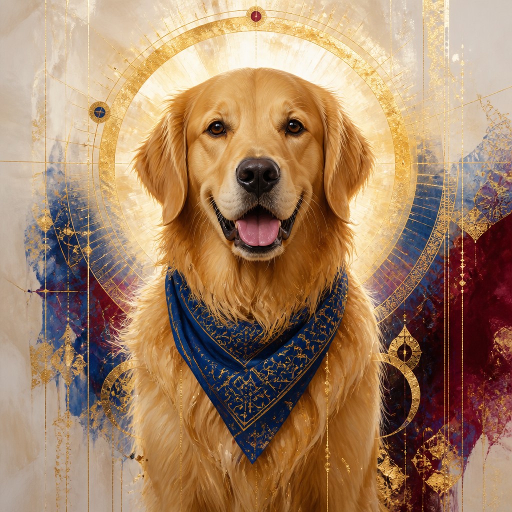 portrait of a golden retriever wearing a blue bandana, warm plain backdrop, no text