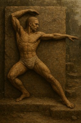 a painting of a man standing in front of a stone wall