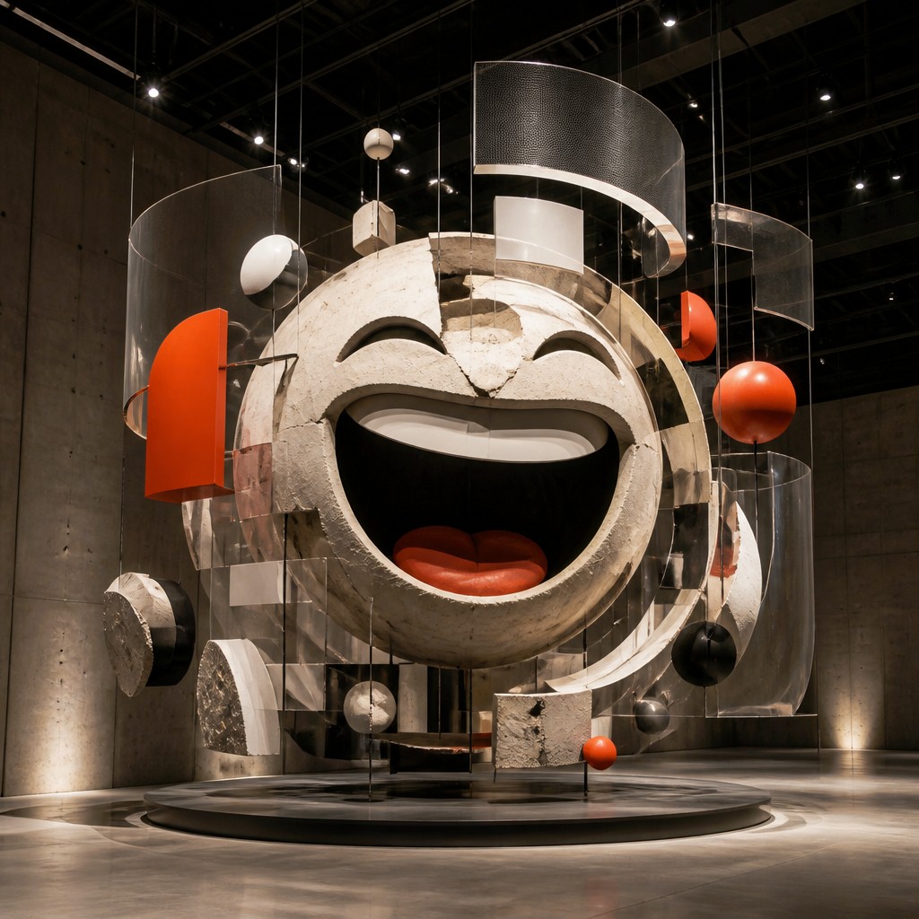 an exaggerated laughing face of an original round mascot character, bold and readable at small size, plain background, no text