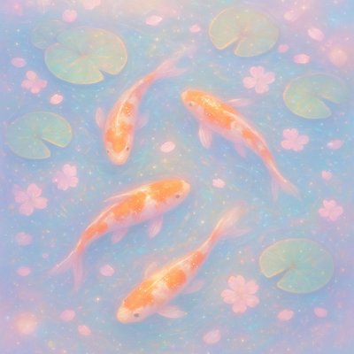 A koi pond seen from above, orange and white koi fish swimming among lily pads, clear water with subtle ripples, fallen cherry blossom petals floating on the surface, dappled sunlight