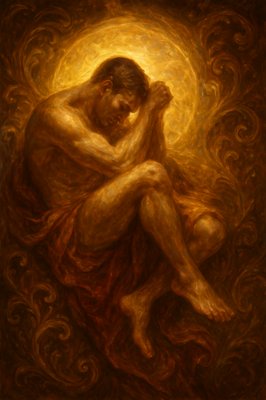a painting of a man sitting in the sun