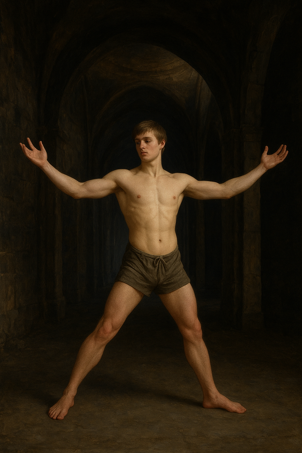 a man with no shirt standing in a tunnel
