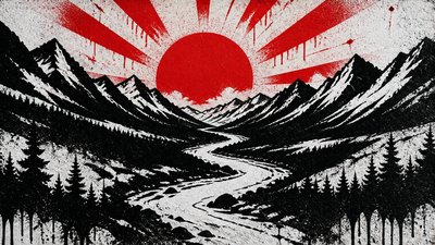 a vast valley with a river winding toward distant mountains at sunrise, no people, no text