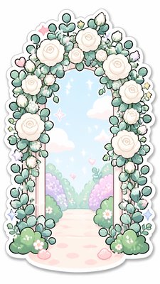 an arch of white roses and eucalyptus in soft morning light, elegant vertical composition with open space, no text