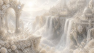 a cliffside city with waterfalls cascading into a misty canyon, wide establishing shot, no people, no text