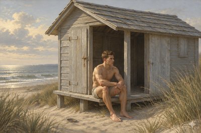 a painting of a man sitting on a beach hut