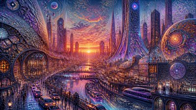 bustling city street panorama at dusk