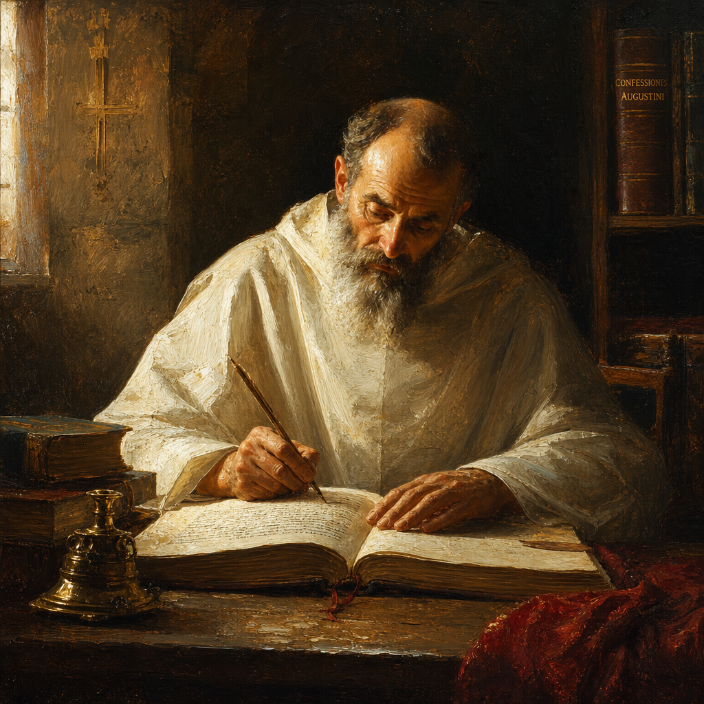 Augustine of Hippo in a plain white robe writing his autobiography