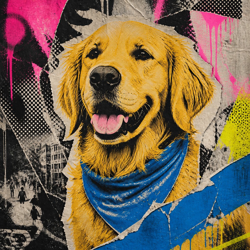 portrait of a golden retriever wearing a blue bandana, warm plain backdrop, no text