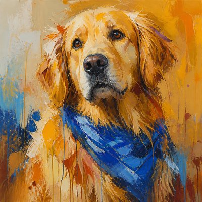 portrait of a golden retriever wearing a blue bandana, warm plain backdrop, no text