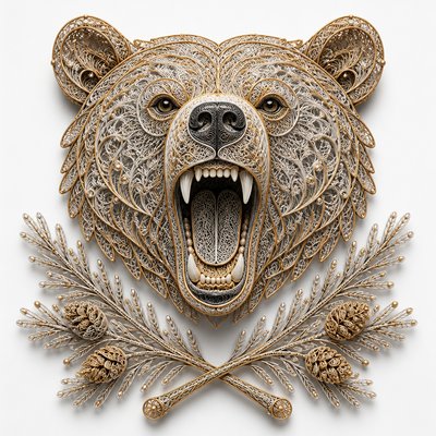 a roaring bear head above crossed pine branches, bold graphic composition on a plain background, no text