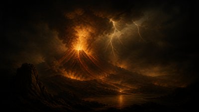 an erupting volcano with lightning strikes, dramatic wide composition, no text