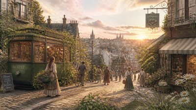 bustling city street panorama at dusk