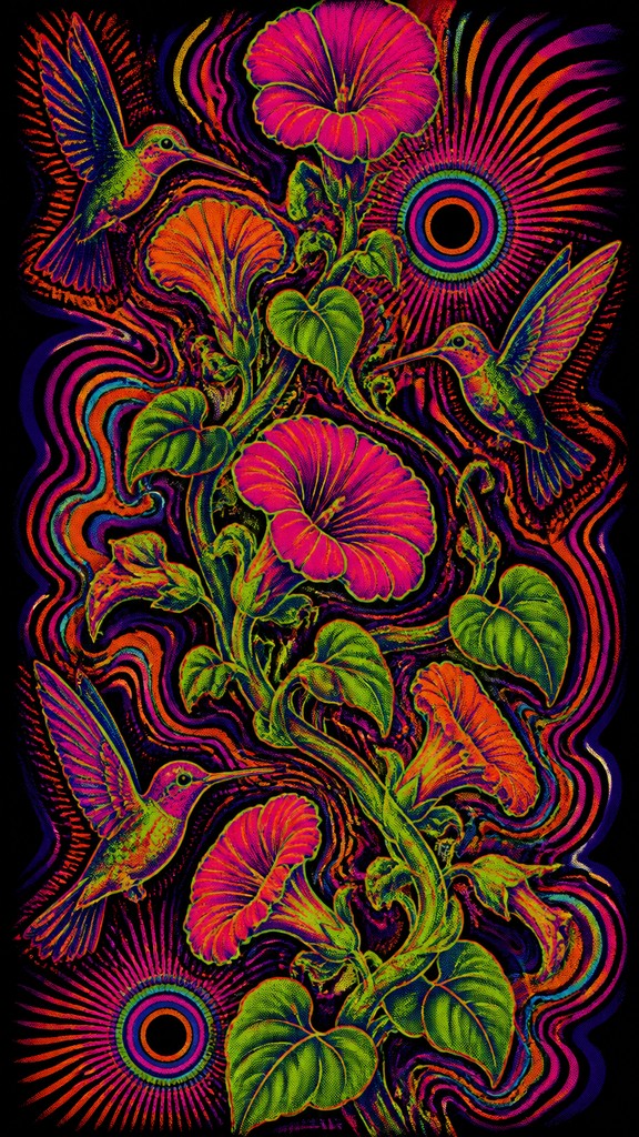 a climbing vine of flowers and hummingbirds on a dark background, tall wrapping composition, no text