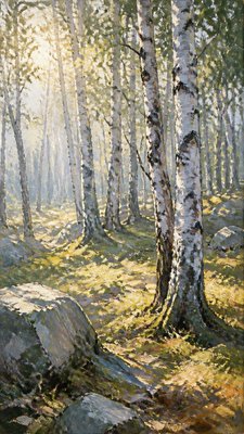 a serene birch forest in soft morning light, no people, no text