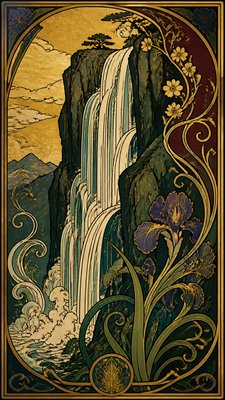towering waterfall cascading down a cliff