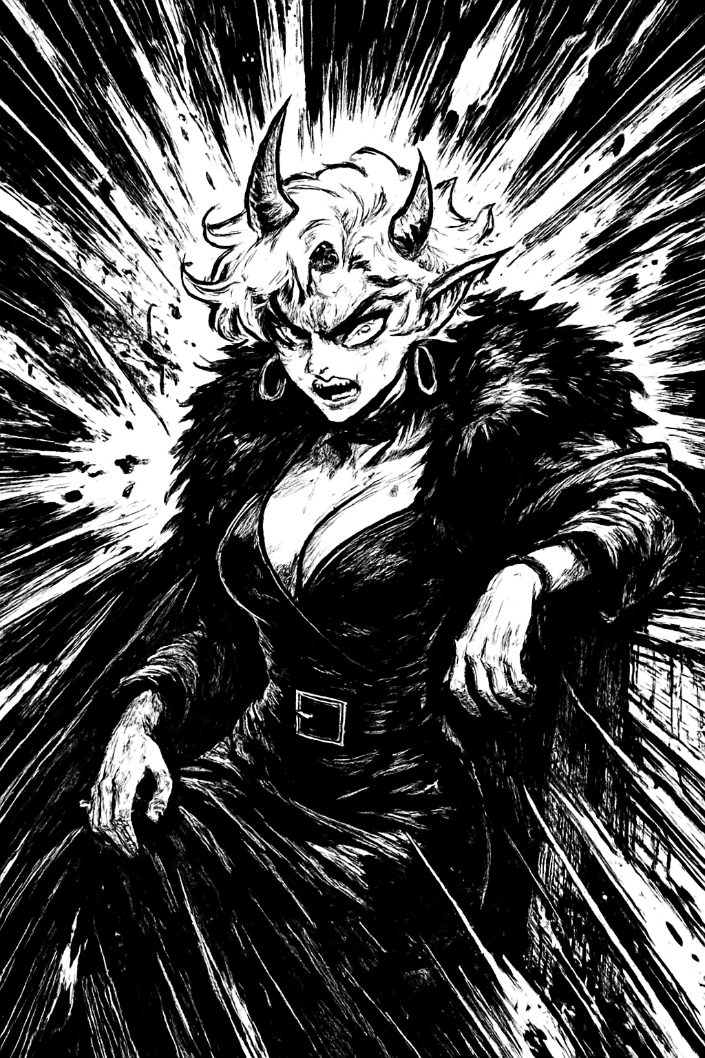 a black and white drawing of a demon