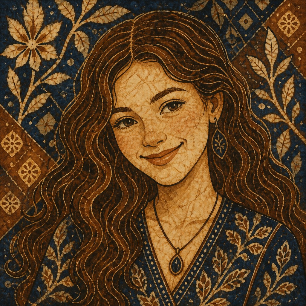 head-and-shoulders portrait of an original character: a young woman with wavy chestnut hair and a warm smile, plain soft backdrop