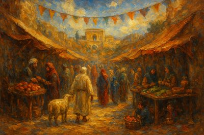 a painting of a market scene with a man selling fruit