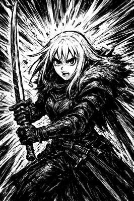 a black and white drawing of a person holding a sword