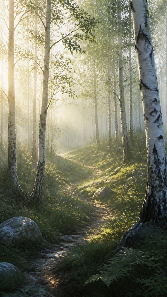 a serene birch forest in soft morning light, no people, no text
