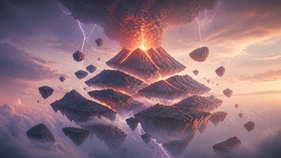 an erupting volcano with lightning strikes, dramatic wide composition, no text
