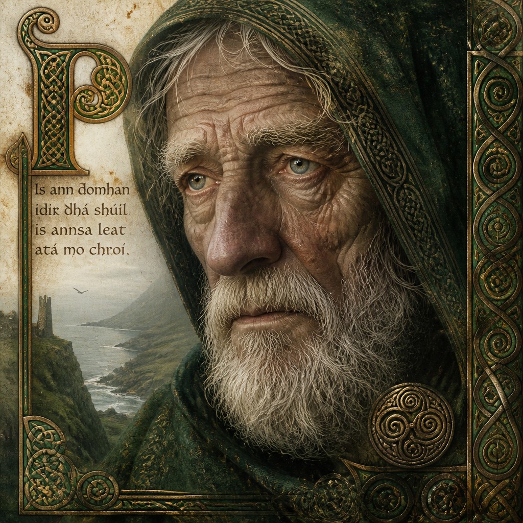 close-up portrait of an elderly person with expressive weathered features — Irish Art Style