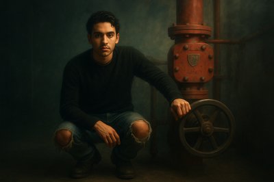 a painting of a man sitting next to a red fire hydrant