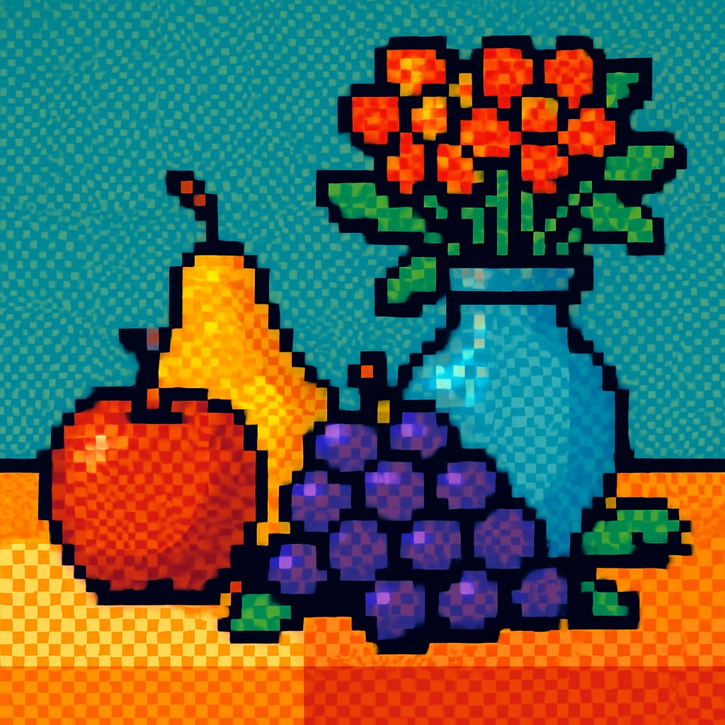 still life arrangement of fruits and flowers