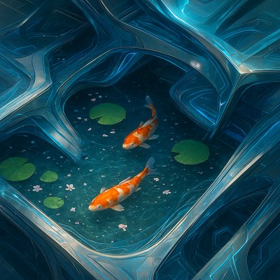 A koi pond seen from above, orange and white koi fish swimming among lily pads, clear water with subtle ripples, fallen cherry blossom petals floating on the surface, dappled sunlight