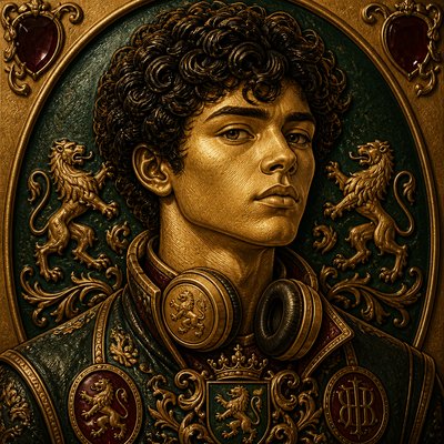 head-and-shoulders portrait of an original character: a young man with curly dark hair and headphones around his neck, plain backdrop, no text