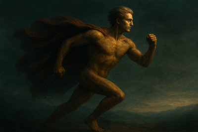 a painting of a man with long hair running