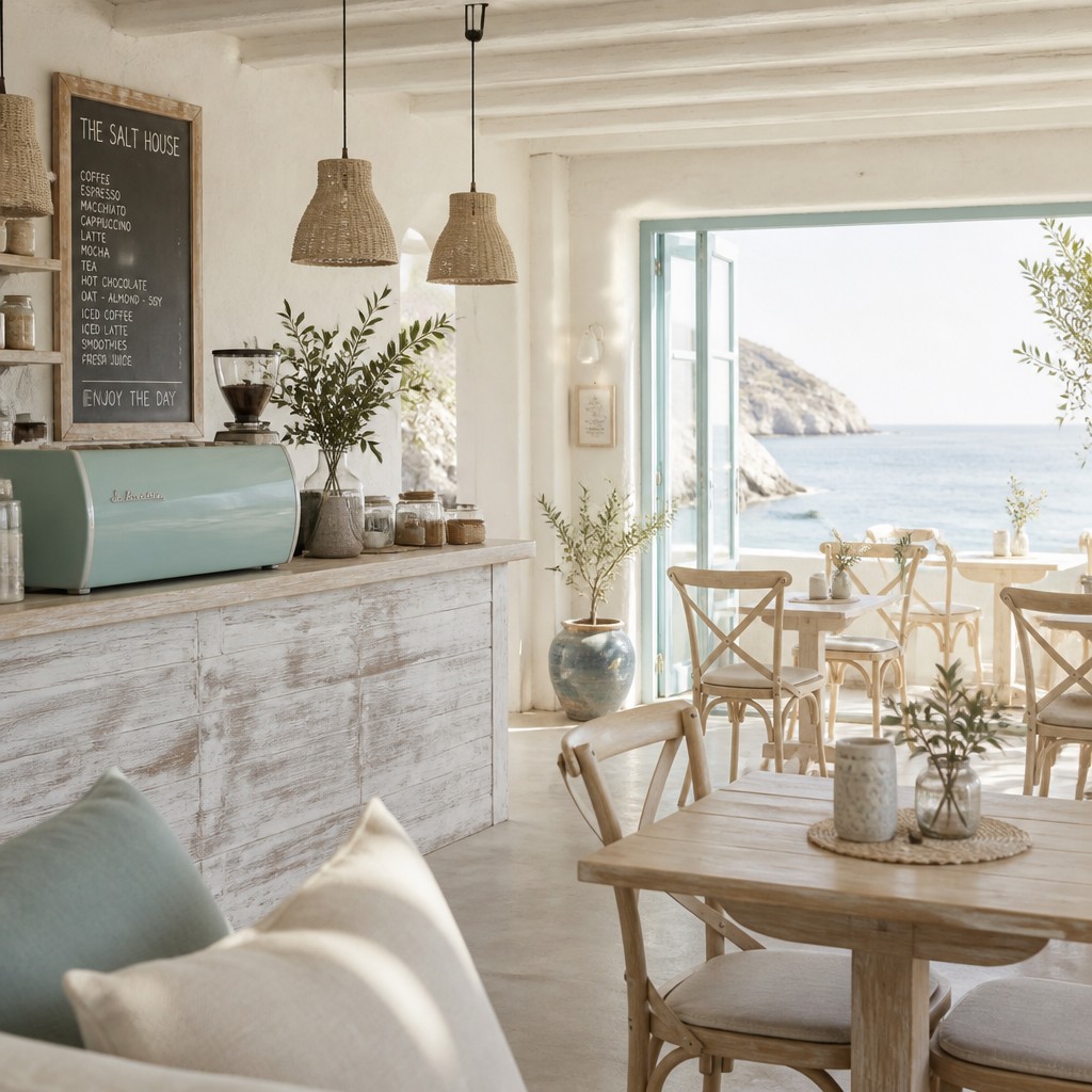 cozy cafe interior with warm lighting
