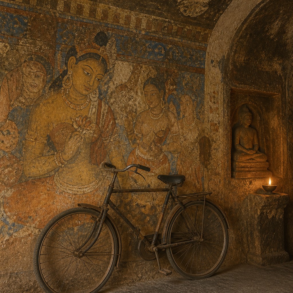 bicyle resting against a wall — Ajanta Art Style