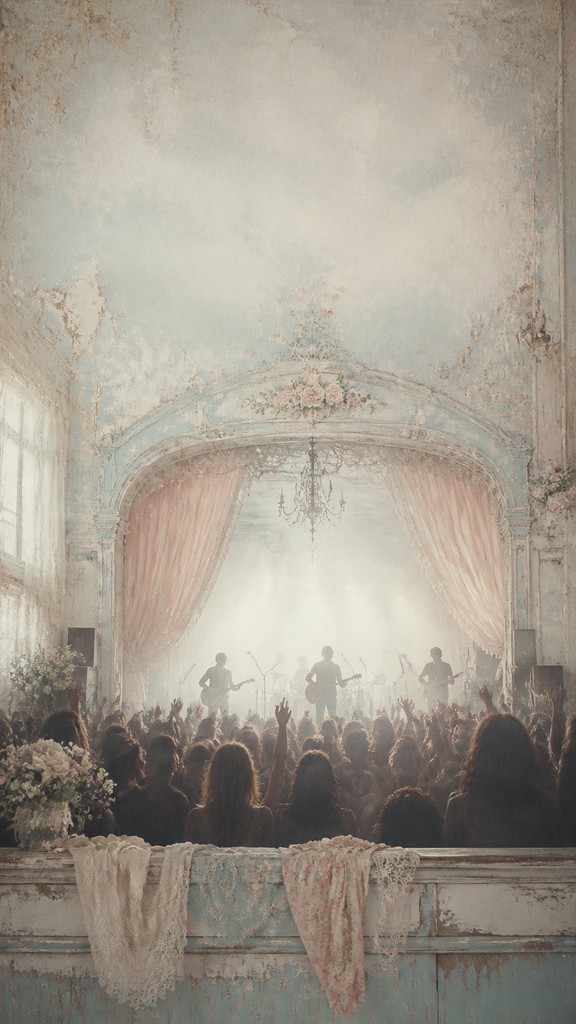 a live music scene with a glowing stage and silhouetted crowd, energetic vertical composition with open space at the top, no text