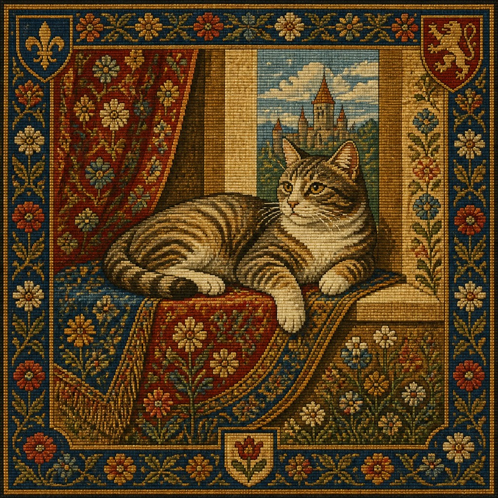 a cat lounging in a sunlit window — Woven Tapestry Art Style