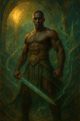 a painting of a man holding a sword