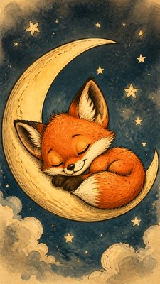 a sleeping baby fox curled on a crescent moon among soft stars, gentle and warm, no text