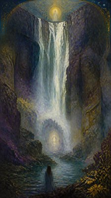 towering waterfall cascading down a cliff