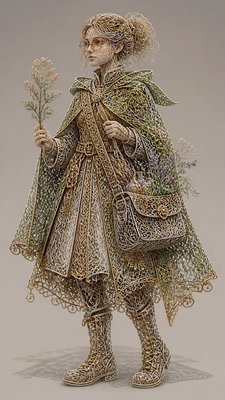 full-body original character: a wandering botanist with a satchel of plants, a patched green cloak, tall boots and round glasses, neutral background