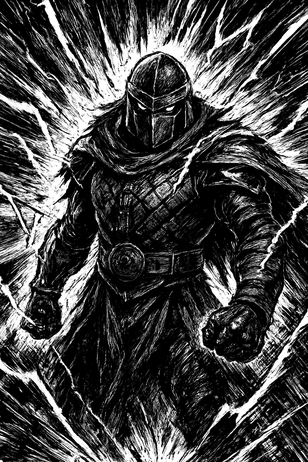 a painting of a man in armor with lightning in the background