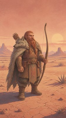 full-body original character: a dwarven ranger with a braided auburn beard, worn leather armor, a longbow and a wolf-pelt cloak, neutral background, no text