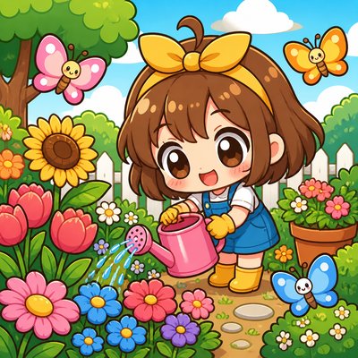 a garden scene with butterflies, flowers and a watering can, clean uncolored line art, no text