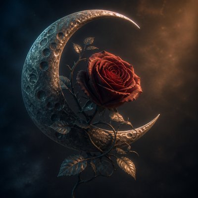 a rose entwined with a crescent moon, clean balanced composition on a plain background, no text