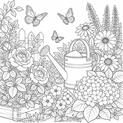 a garden scene with butterflies, flowers and a watering can, clean uncolored line art, no text