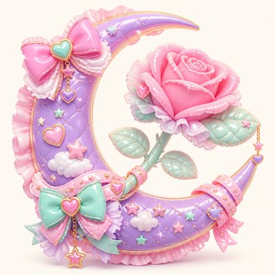 a rose entwined with a crescent moon, clean balanced composition on a plain background, no text