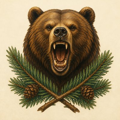 a roaring bear head above crossed pine branches, bold graphic composition on a plain background, no text