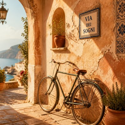 bicyle resting against a wall — Mediterranean Architecture Art