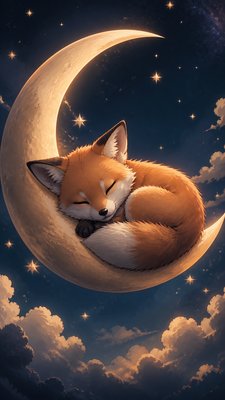 a sleeping baby fox curled on a crescent moon among soft stars, gentle and warm, no text